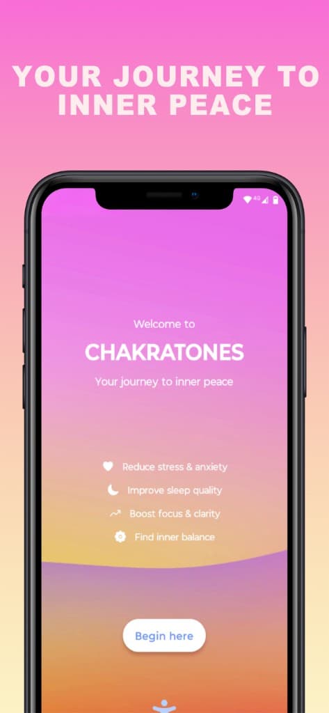 Chakratones healing sounds app welcome screen — start your journey to inner peace with studio-recorded sound healing